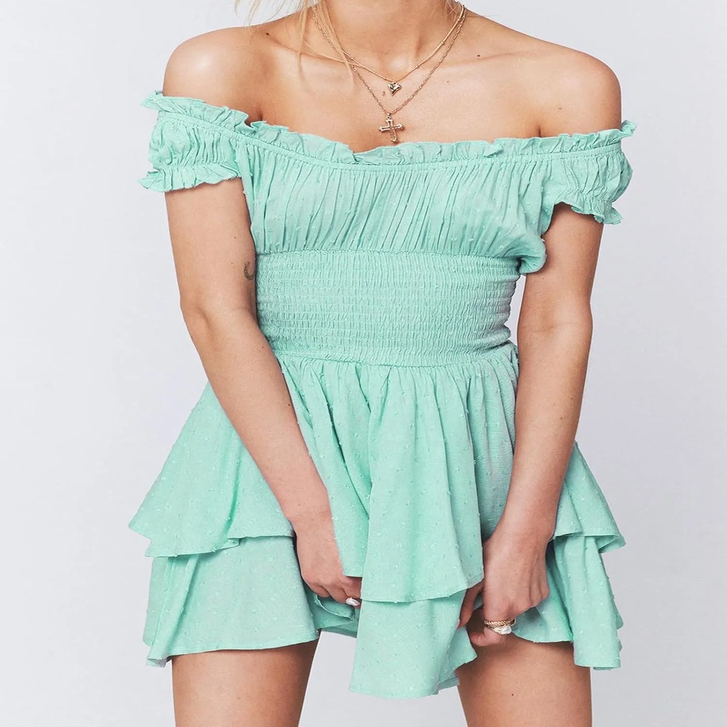 Women's Square Neck Off Shoulder Dress Ruffle Wrap Mini Dress Flounce Short Sleeve A Line Flowy Dress