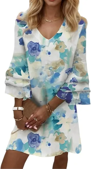 Womens Summer Casual Dresses V Neck 3/4 Sleeve Loose Boho Floral Printed Beach Sundress
