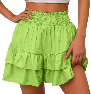 Women's Summer Cute Stretch Waist Solid Smocked Tiered Ruffle Swing Beach Mini Skirt 2025, S-2XL