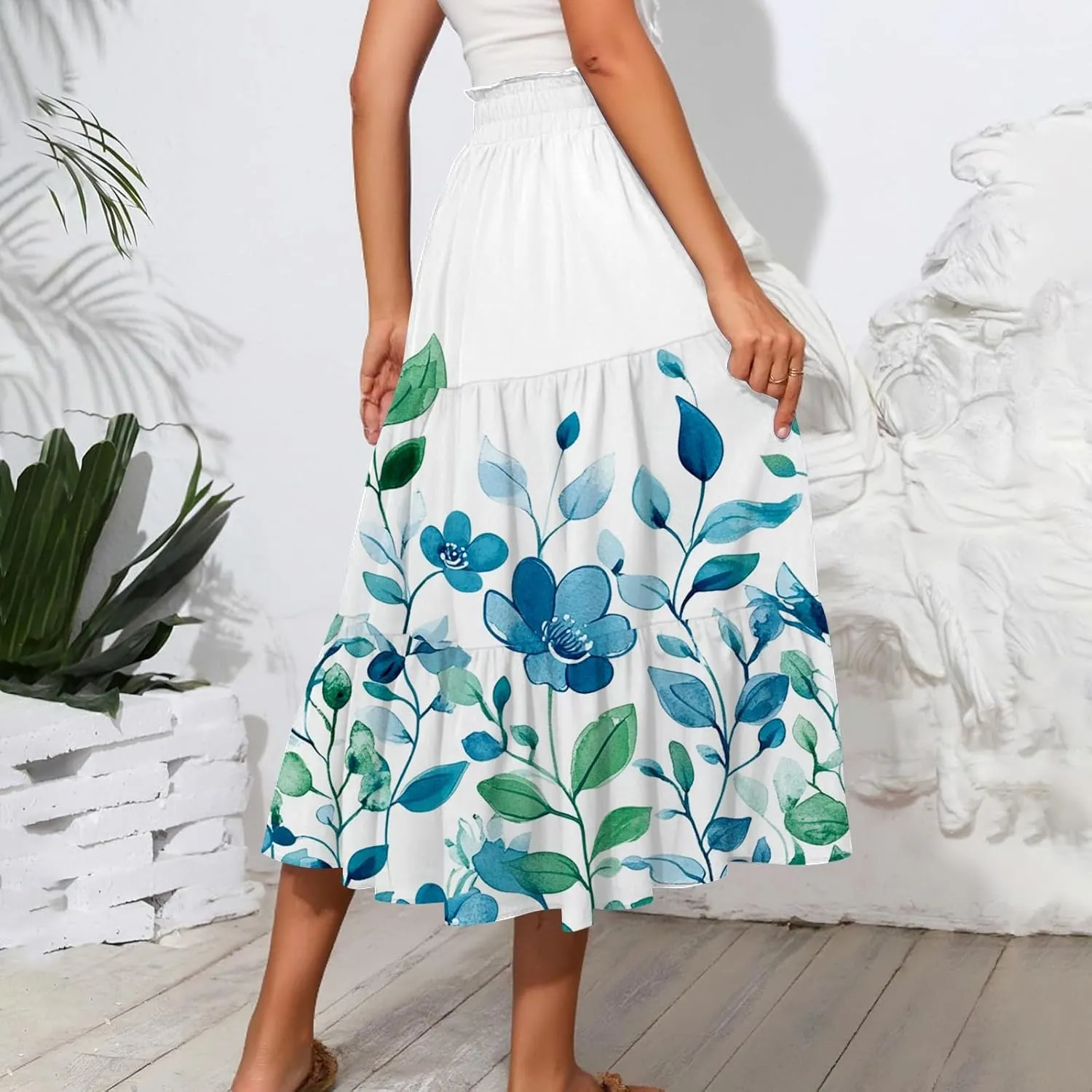 Women's Summer High Waist Tie Floral Print Boho Resort Midi Skirt with Pockets, S-2XL