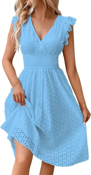 Women's Summer Lace Jacquard V Neck Wrap Sundress Ruffle Sleeve Boho Floral Elastic Waist Cute Mini Short Dresses 2024 Blue