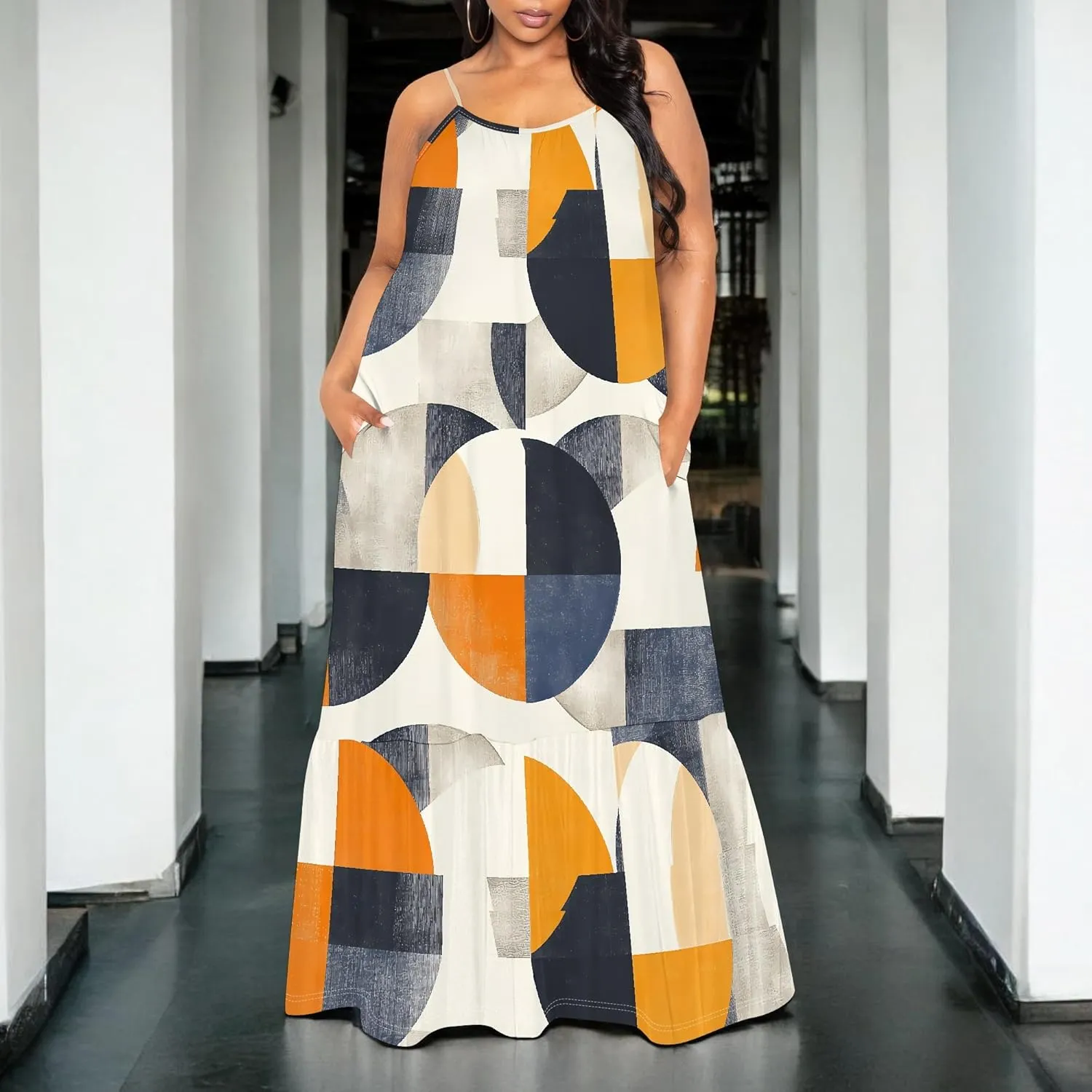 Women's Summer Plus Size Maxi Dress Long Casual Boho Sleeveless Spaghetti Strap Floral Print Beach Flowy Sun Dresses
