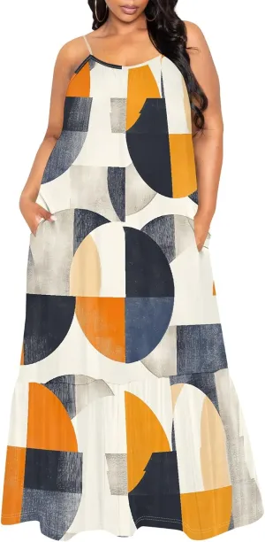 Women's Summer Plus Size Maxi Dress Long Casual Boho Sleeveless Spaghetti Strap Floral Print Beach Flowy Sun Dresses