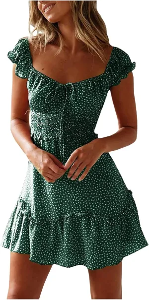 Women's Summer Ruffle Sleeve Sweetheart Neckline Printing Dress A Line Mini Dress 2024