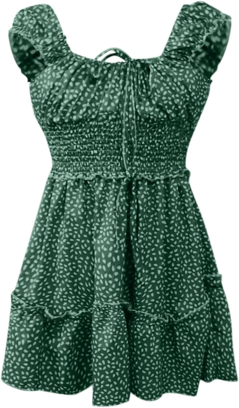 Women's Summer Ruffle Sleeve Sweetheart Neckline Printing Dress A Line Mini Dress 2024