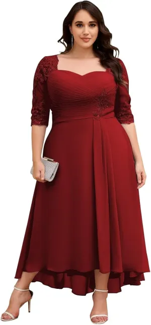 Women's Tea Length Mother of The Bride Dresses for Wedding 3/4 Sleeve Lace Applique Formal Evening Dresses