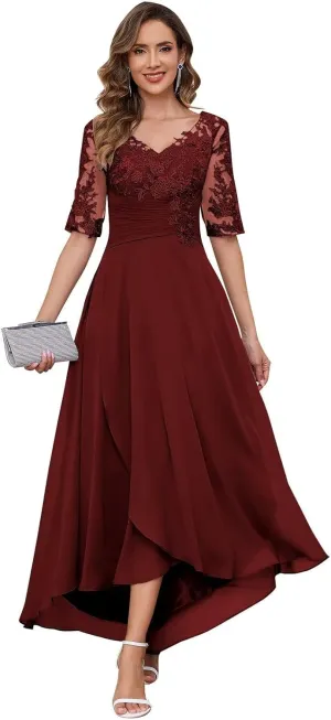 Women's Tea Length Mother of The Bride Dresses Half Sleeve Lace Applique V Neck Chiffon Formal Evening Dresses