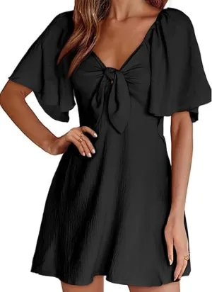 Women's V-Neck Bow Tie Short Sleeve Mini Dress Elegant Smocked Flowy A Line Dresses Summer Plus Size Sundress