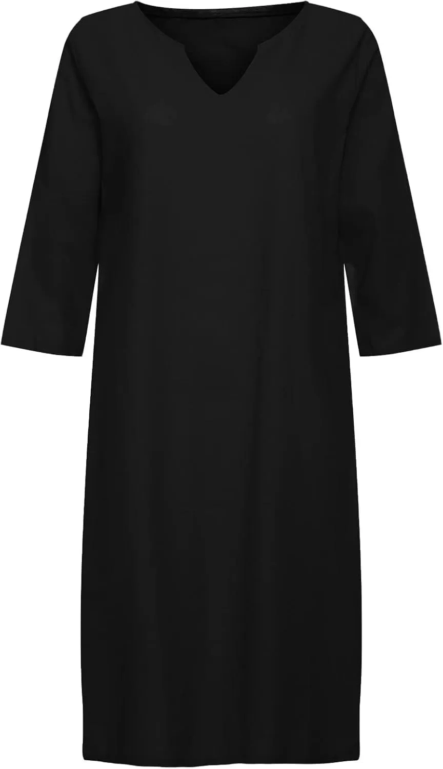 XUNRYAN Summer Linen Dresses Women 2023 Trendy Casual V Neck Half Sleeve Knee Length Dress Mature Ladies Fashion Clothing