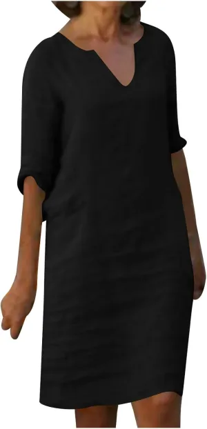 XUNRYAN Summer Linen Dresses Women 2023 Trendy Casual V Neck Half Sleeve Knee Length Dress Mature Ladies Fashion Clothing