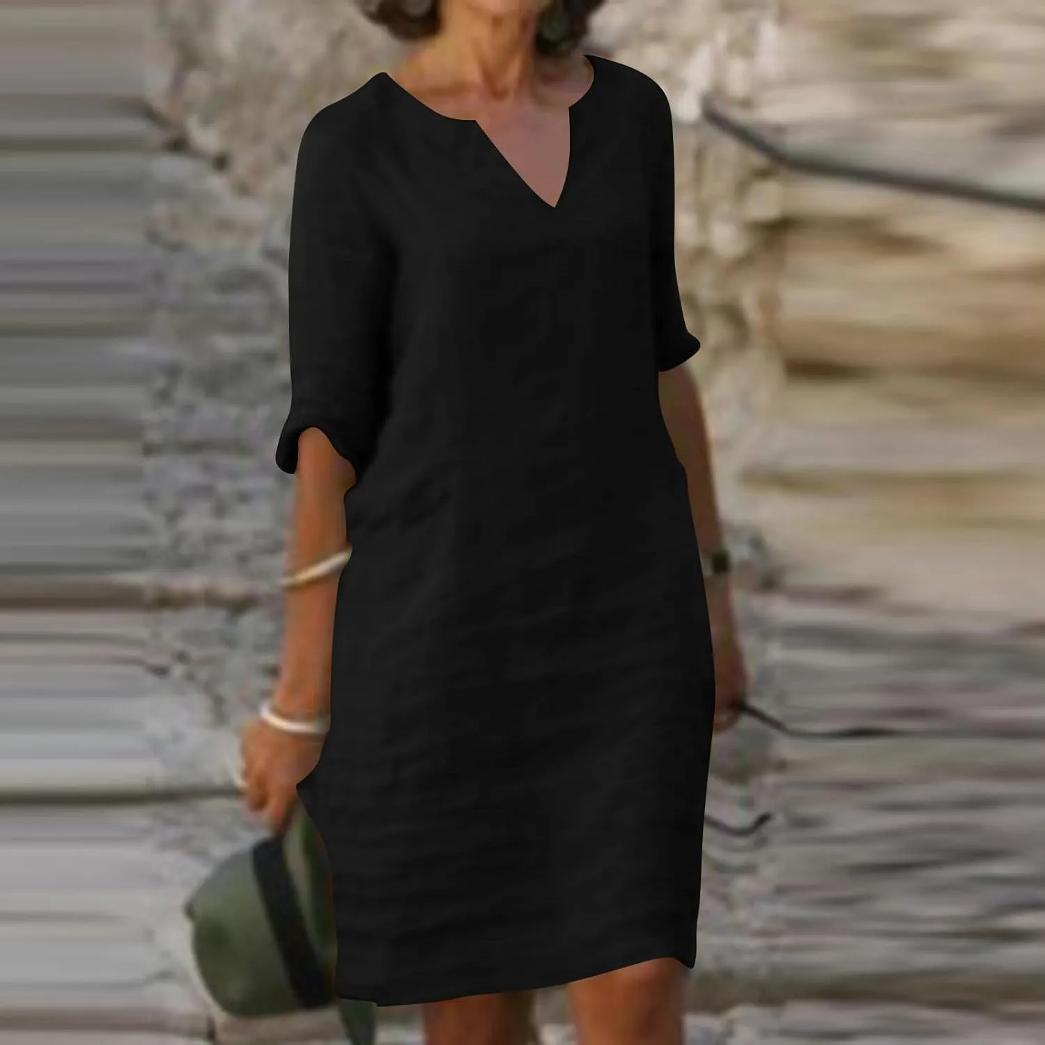 XUNRYAN Summer Linen Dresses Women 2023 Trendy Casual V Neck Half Sleeve Knee Length Dress Mature Ladies Fashion Clothing