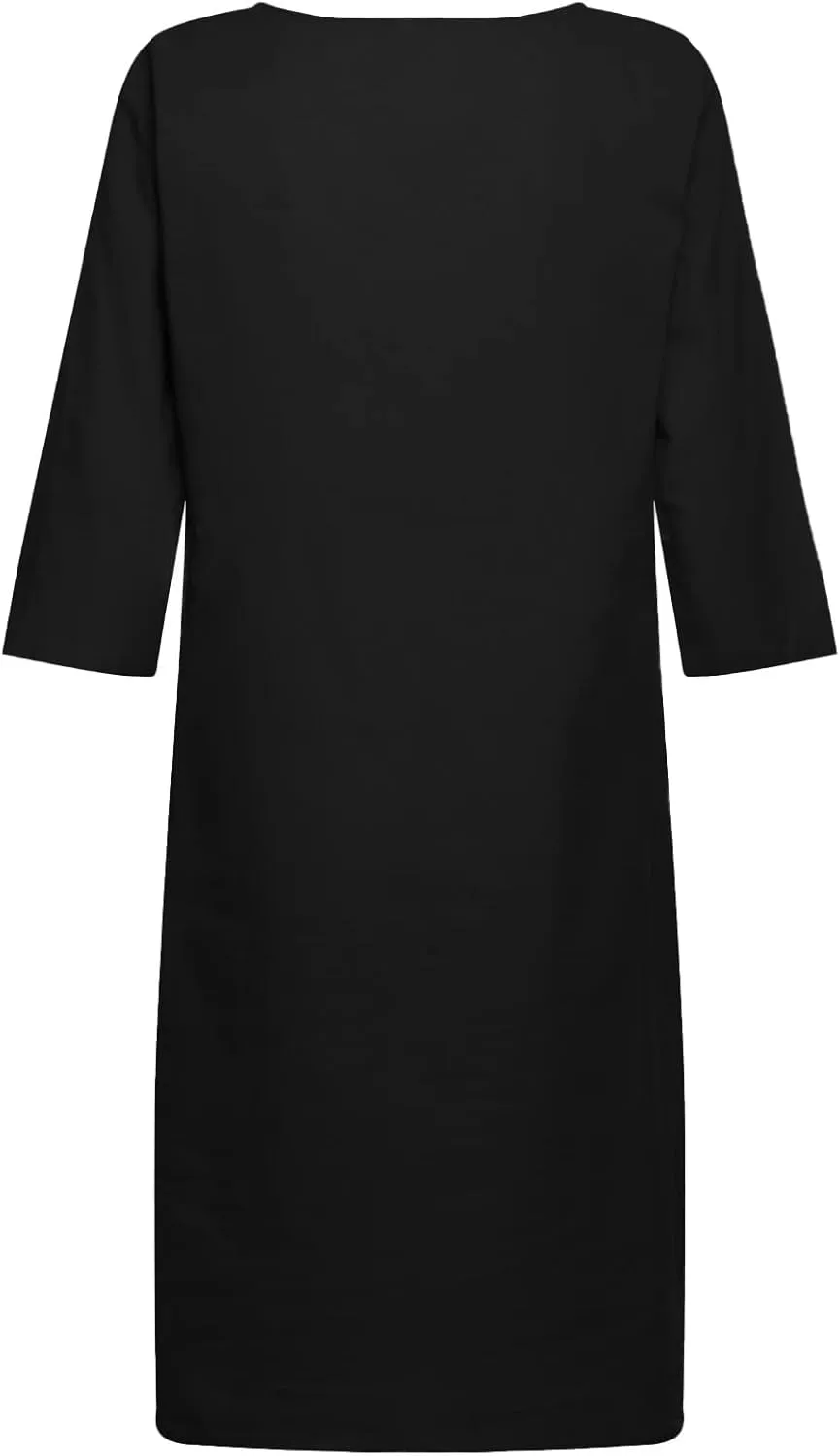 XUNRYAN Summer Linen Dresses Women 2023 Trendy Casual V Neck Half Sleeve Knee Length Dress Mature Ladies Fashion Clothing