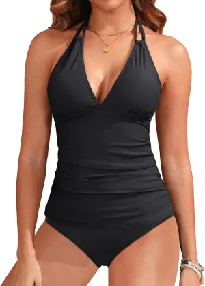 Yonique Womens Two Piece Swimsuits Tummy Control Tankini Plus Size Bathing Suit Halter V Neck Swimwear