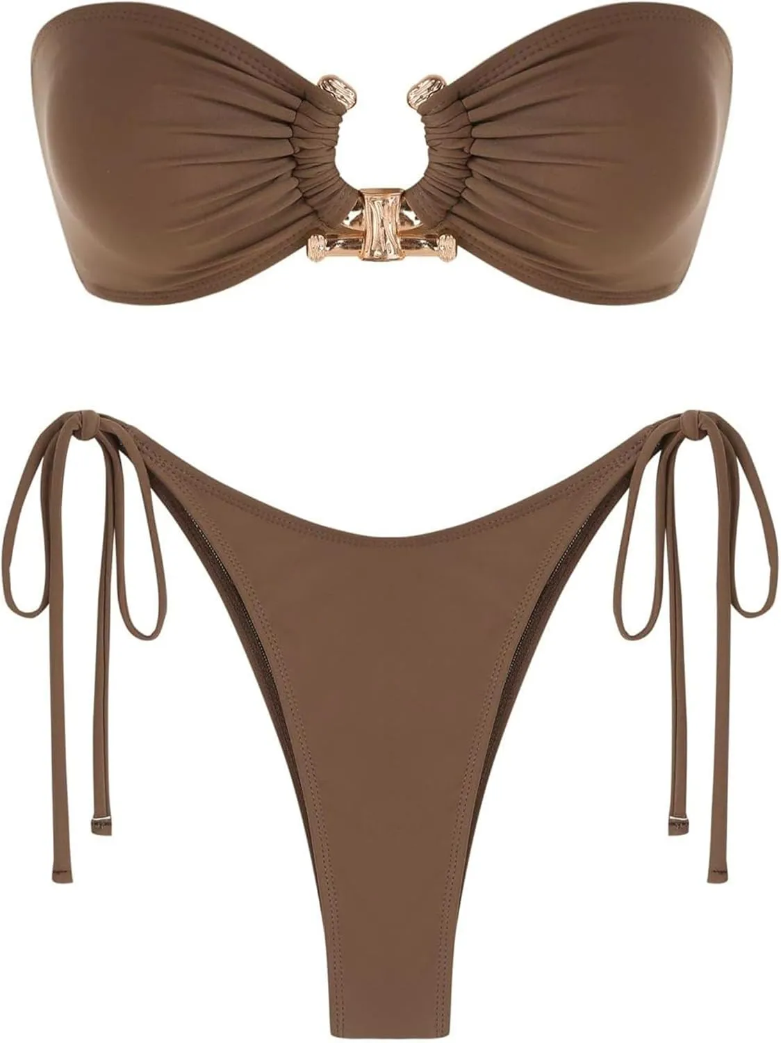 ZAFUL Women's Bandeau Bikini Shiny Metal Ring Decor Lace Up Tied Side High Cut Strapless Swimsuit
