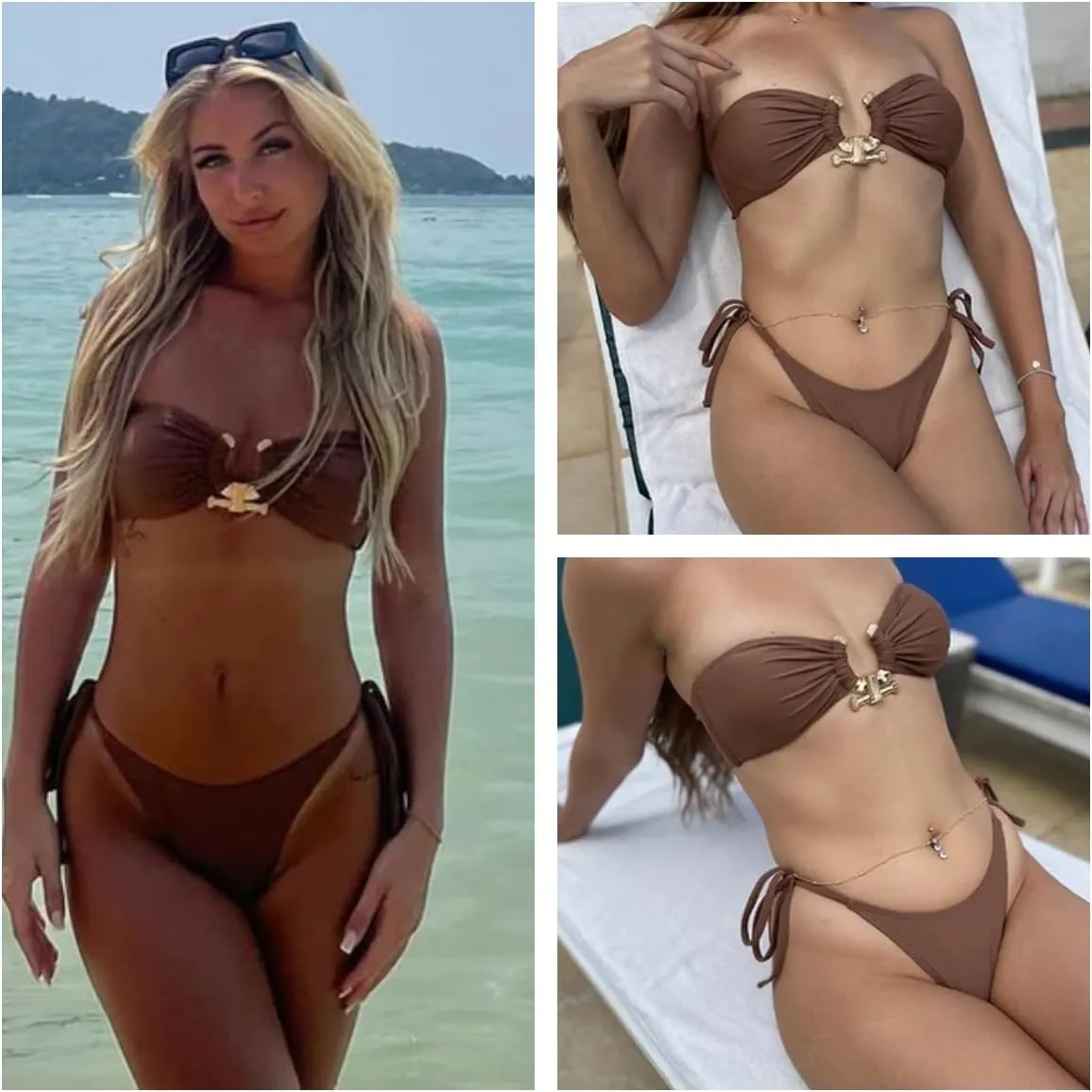 ZAFUL Women's Bandeau Bikini Shiny Metal Ring Decor Lace Up Tied Side High Cut Strapless Swimsuit
