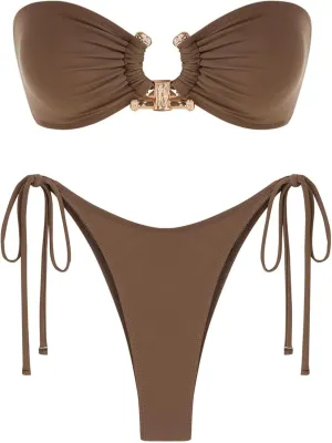 ZAFUL Women's Bandeau Bikini Shiny Metal Ring Decor Lace Up Tied Side High Cut Strapless Swimsuit