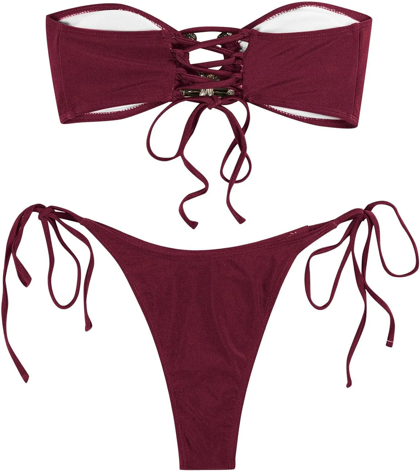 ZAFUL Women's Bandeau Bikini Shiny Metal Ring Decor Lace Up Tied Side High Cut Strapless Swimsuit