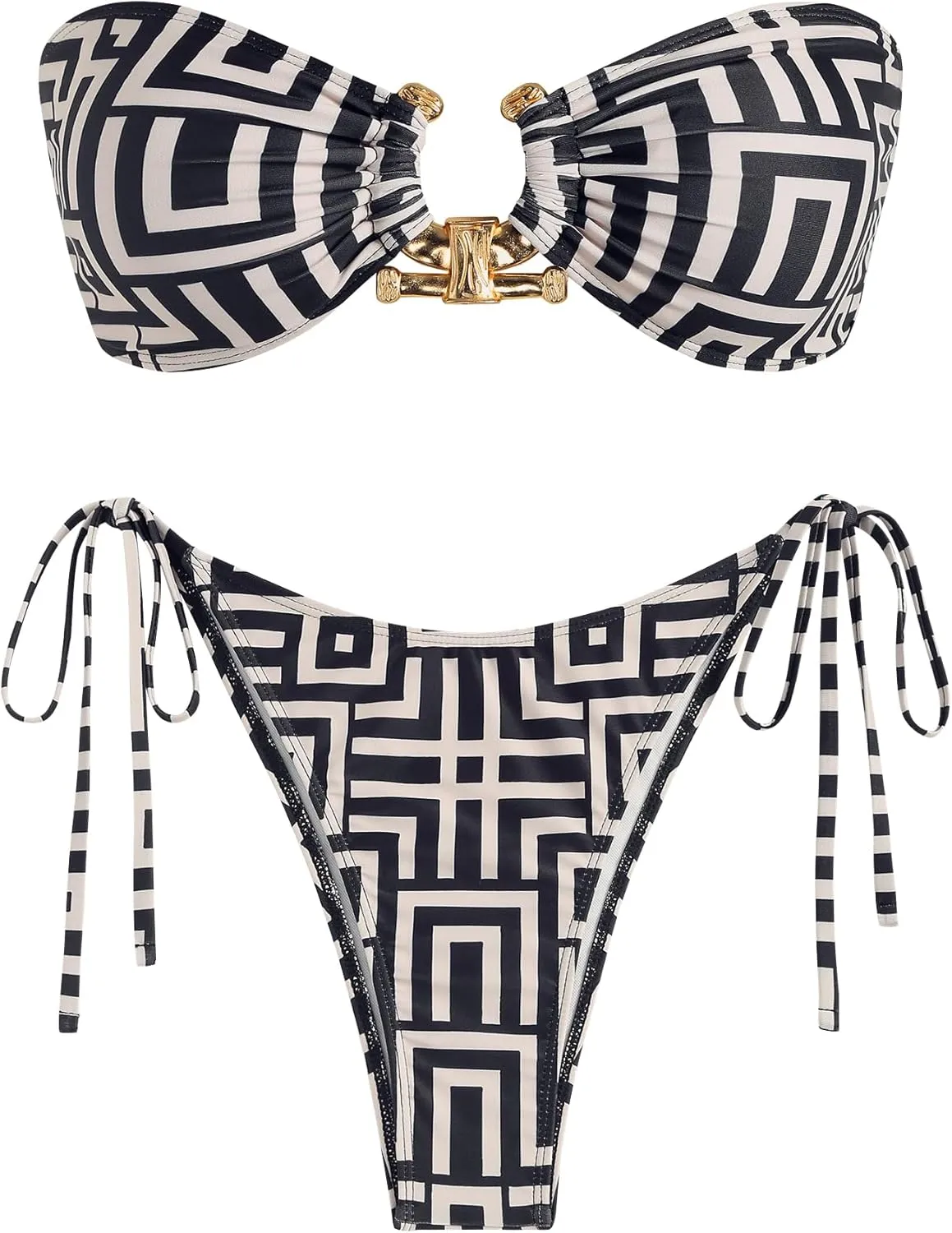ZAFUL Women's Bandeau Bikini Shiny Metal Ring Decor Lace Up Tied Side High Cut Strapless Swimsuit