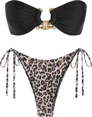 ZAFUL Women's Bandeau Bikini Shiny Metal Ring Decor Lace Up Tied Side High Cut Strapless Swimsuit