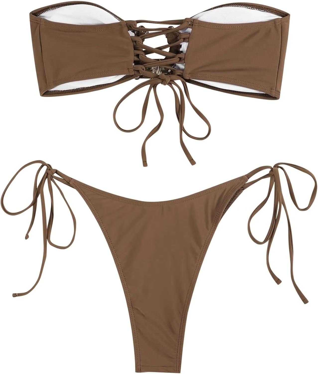 ZAFUL Women's Bandeau Bikini Shiny Metal Ring Decor Lace Up Tied Side High Cut Strapless Swimsuit