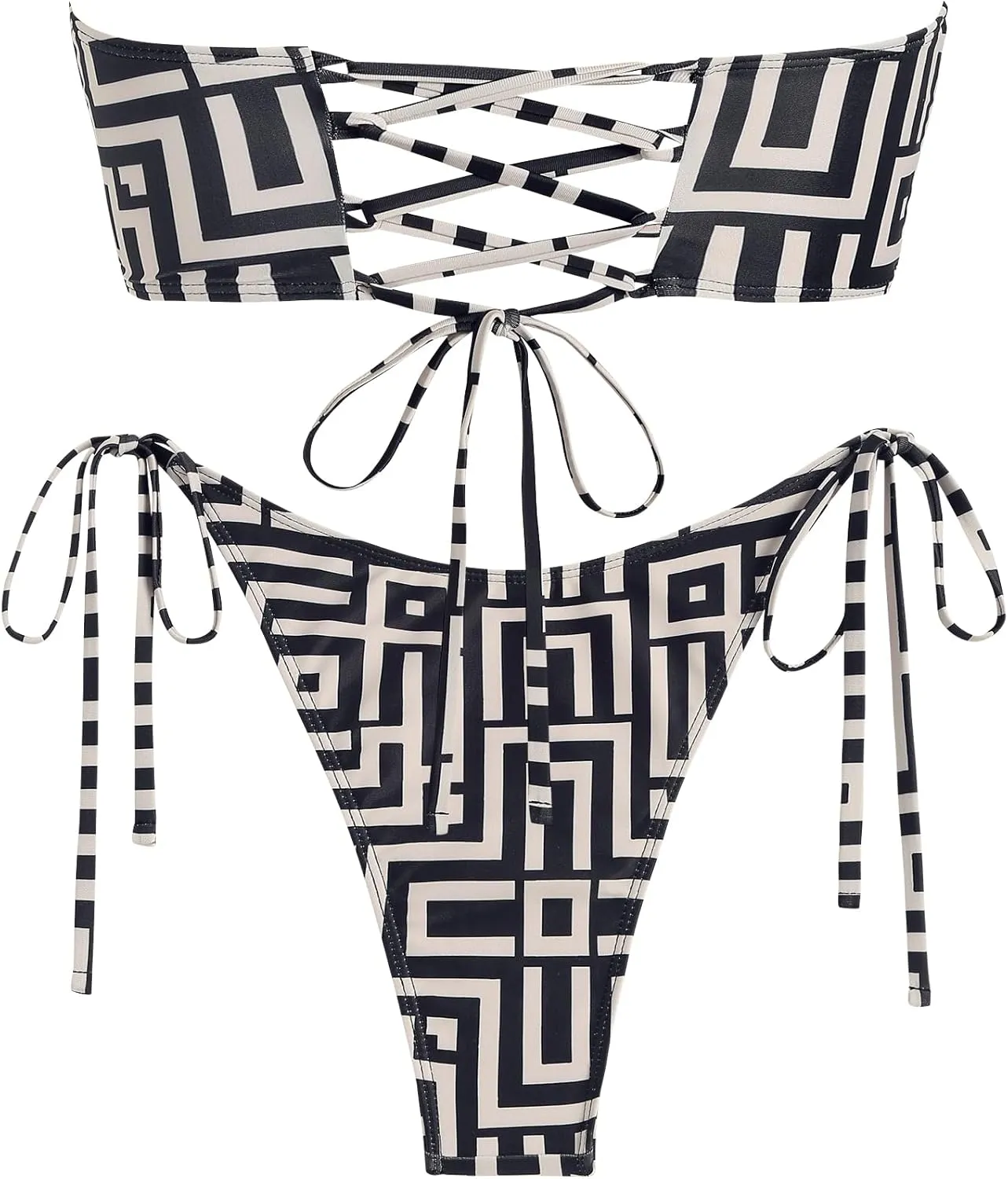 ZAFUL Women's Bandeau Bikini Shiny Metal Ring Decor Lace Up Tied Side High Cut Strapless Swimsuit