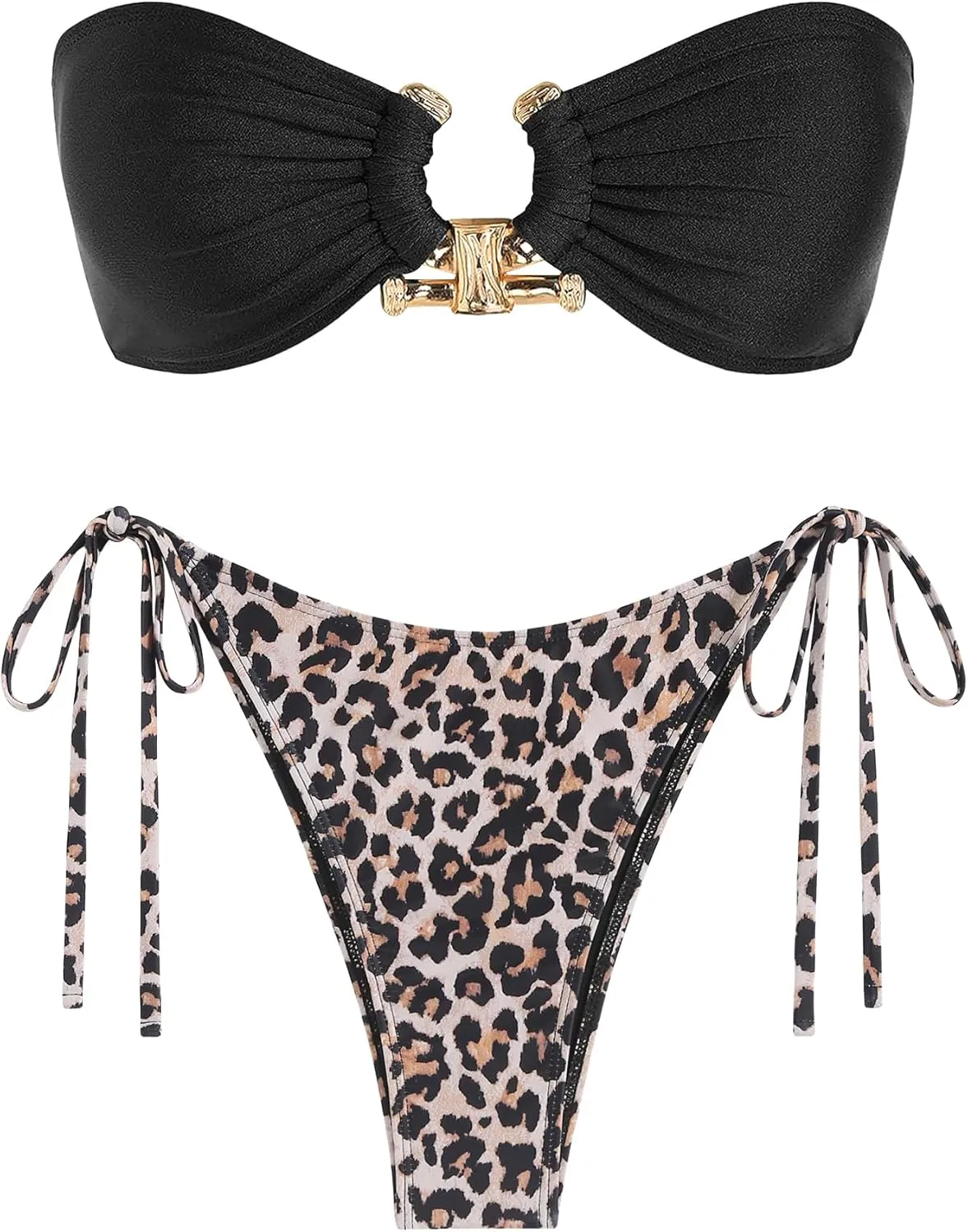 ZAFUL Women's Bandeau Bikini Shiny Metal Ring Decor Lace Up Tied Side High Cut Strapless Swimsuit