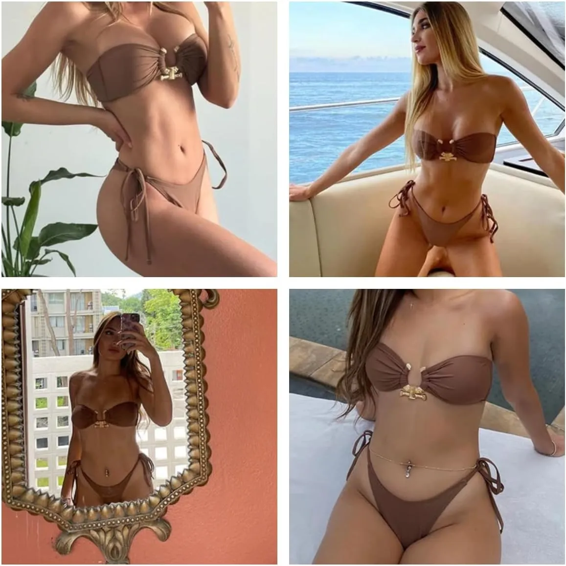 ZAFUL Women's Bandeau Bikini Shiny Metal Ring Decor Lace Up Tied Side High Cut Strapless Swimsuit