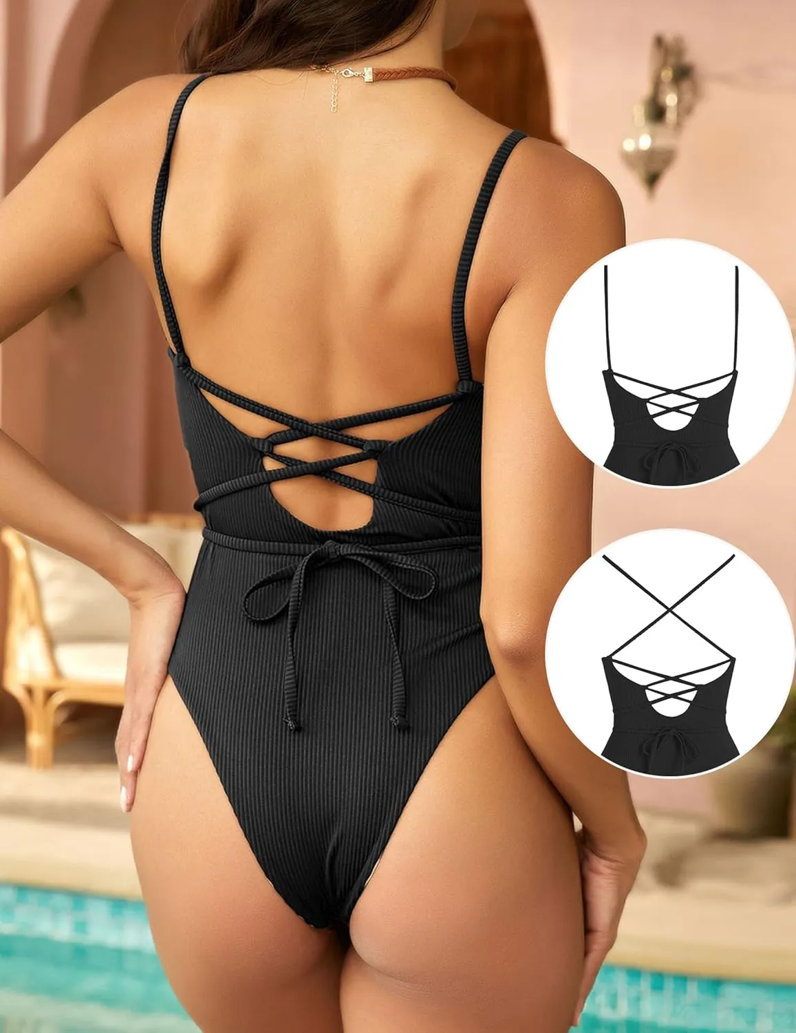 ZAFUL Women's One Piece Swimsuit Lace Up Tie Back Bathing Suits Ribbed Fully Lined Tummy Control Scoop Neck Padded Swimwear