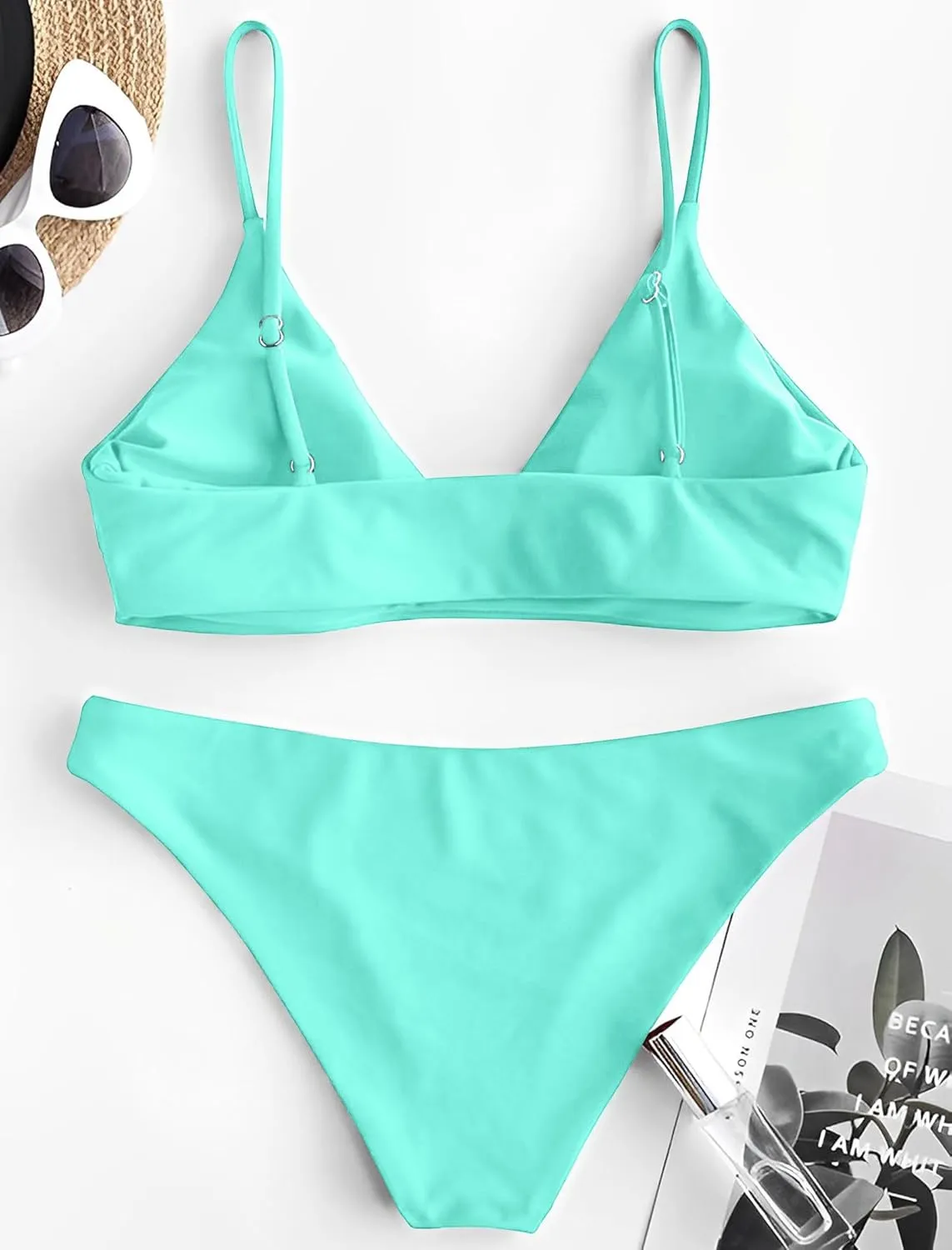 ZAFUL Women's Solid Spaghetti Strap Bralette Bikini Set Two Piece Swimsuit