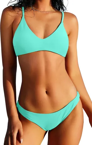 ZAFUL Women's Solid Spaghetti Strap Bralette Bikini Set Two Piece Swimsuit