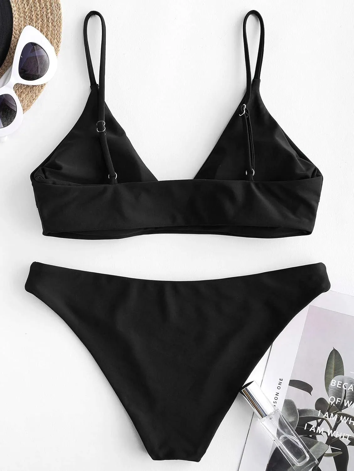 ZAFUL Women's Solid Spaghetti Strap Bralette Bikini Set Two Piece Swimsuit