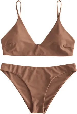 ZAFUL Women's Solid Spaghetti Strap Bralette Bikini Set Two Piece Swimsuit