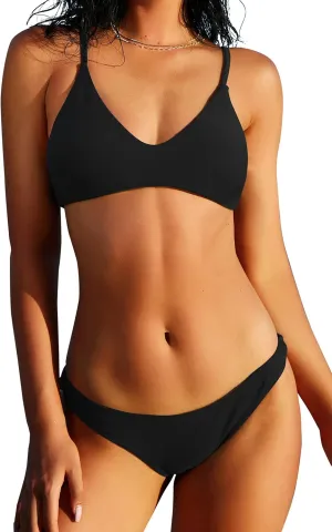 ZAFUL Women's Solid Spaghetti Strap Bralette Bikini Set Two Piece Swimsuit