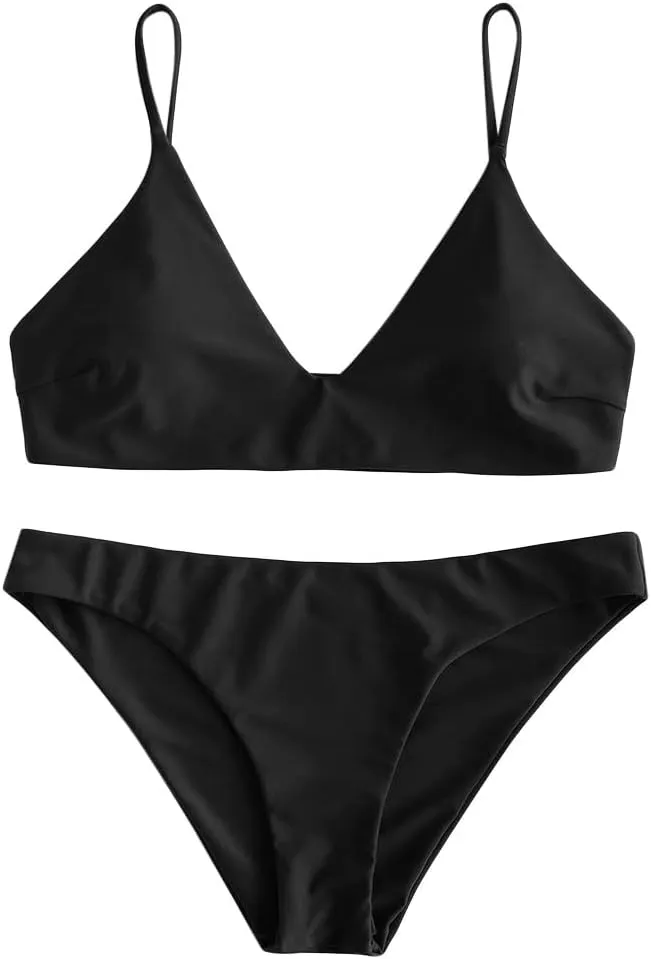 ZAFUL Women's Solid Spaghetti Strap Bralette Bikini Set Two Piece Swimsuit