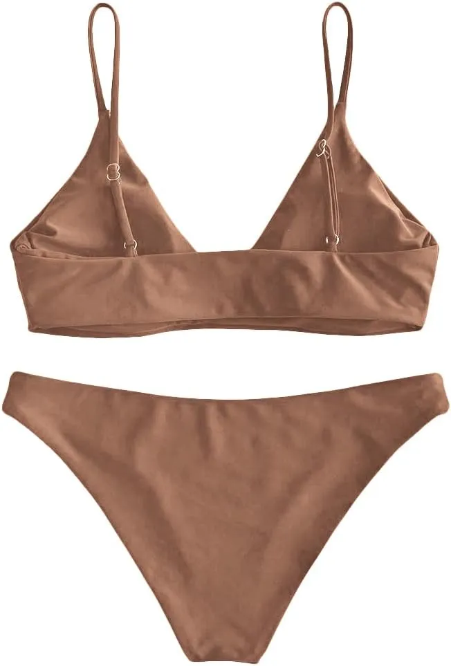 ZAFUL Women's Solid Spaghetti Strap Bralette Bikini Set Two Piece Swimsuit