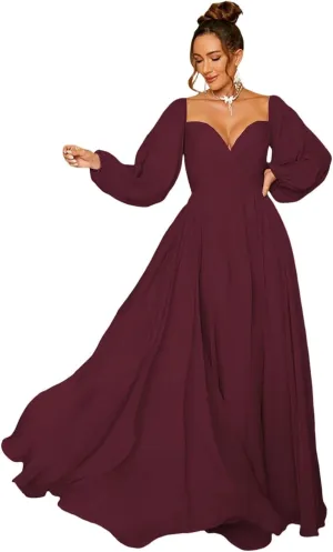 Zhangyo Long Sleeve Brdiesmaid Dresses for Wedding Off Shoulder Evening Gowns for Women Pleated Chiffon Prom Dresses CXL056