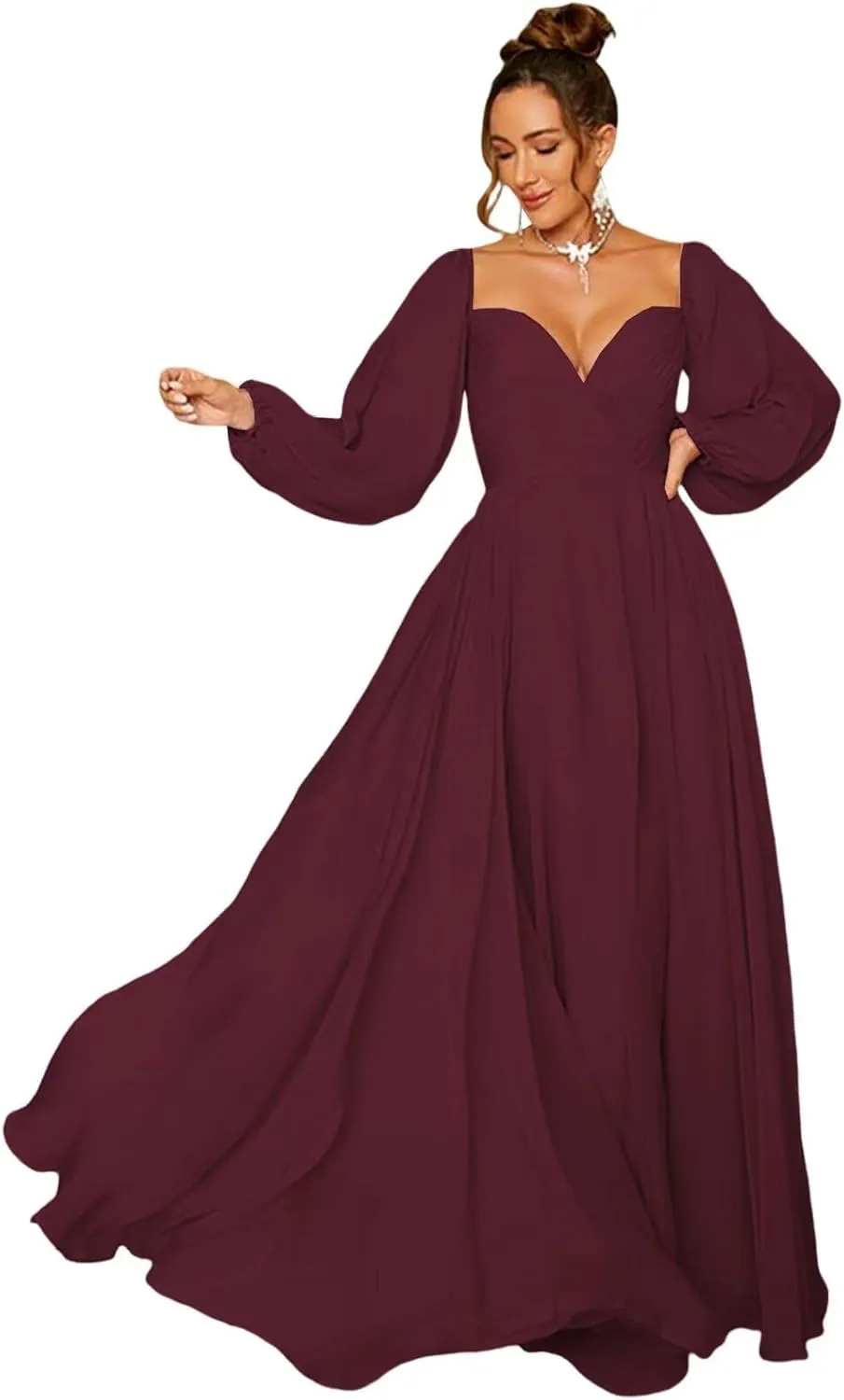 Zhangyo Long Sleeve Brdiesmaid Dresses for Wedding Off Shoulder Evening Gowns for Women Pleated Chiffon Prom Dresses CXL056